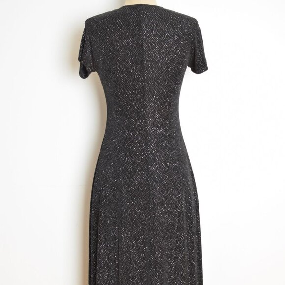 vintage 90s dress black stretch knit sparkle glitter print long maxi party XS S - Picture 7 of 9